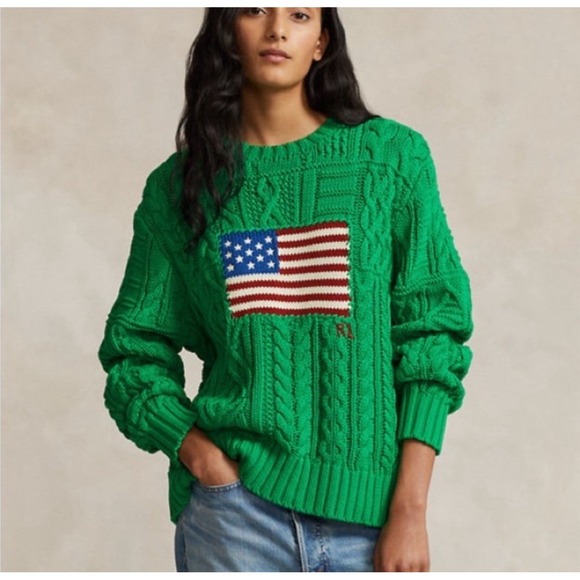 Polo Ralph Lauren Women's Aran Knit Cotton American Flag Sweater Green SZ XL NEW